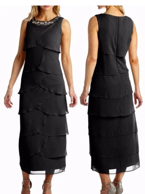R&M Richards Dresses & Skirts - R&M Richards Black Beaded Neck Tiered Maxi Dress
